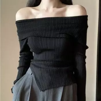 Пуловер с открытыми плечами, женские осенние вязаные топы с длинными рукавами, женские тонкие трикотажные изделия с вырезом в Корейском стиле, тонкие пуловеры в корейском стиле S чёрный