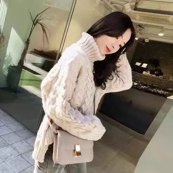 Пуловер с подкладкой из трикотажа, свитер с высоким воротом, женская верхняя одежда, осенне-зимний пуловер, свитер, свободный женский свитер с длинными рукавами One Size красный