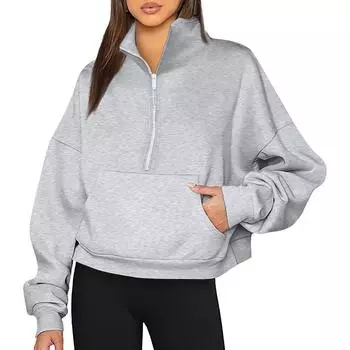 Пуловер с полузастежкой-молнией, женские толстовки с капюшоном, осенне-зимние наряды, одежда с карманами, свободные толстовки L светло-серый