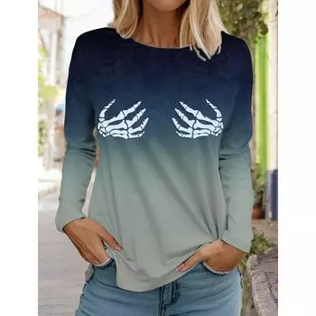 Пуловер с принтом черепа, осенне-зимняя повседневная толстовка с длинным рукавом и круглым вырезом, градиентная женская одежда S