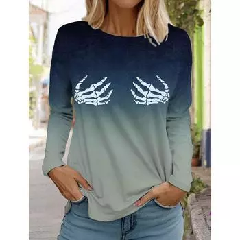 Пуловер с принтом черепа, осенне-зимняя повседневная толстовка с длинным рукавом и круглым вырезом, градиентная женская одежда S