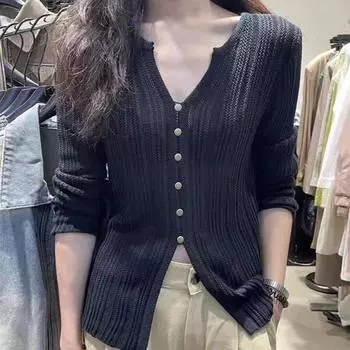 Пуловер с разделенными пуговицами, облегающий однотонный свитер с длинными рукавами, женский свитер, осень 2023, корейские модные вязаные топы с v-образным вырезом 29198 One Size кофейный