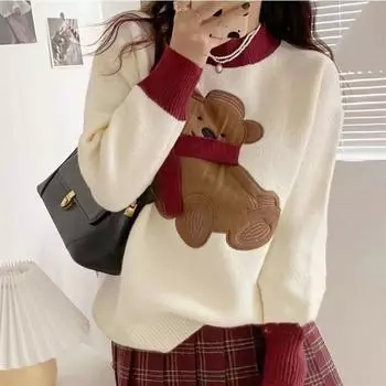 Пуловер с рисунком медведя, свитер для женщин, осенне-зимний свободный свитер с круглым вырезом и длинными рукавами, повседневный трикотаж, пуловер, свитер для женщин