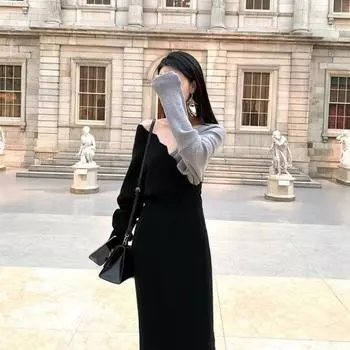 Пуловер с трикотажным низом, женское платье, зима 2023, повседневное платье-свитер с длинным рукавом и v-образным вырезом, сексуальный стиль, платье-свитер средней длины, женский пуловер One Size чёрный