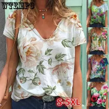 Пуловер с v-образным вырезом и цветочным принтом, многоцветная свободная женская футболка с короткими рукавами S белый