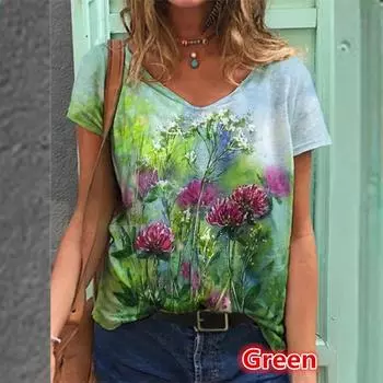Пуловер с v-образным вырезом и цветочным принтом, с короткими рукавами, многоцветная свободная женская футболка S небесно-голубой