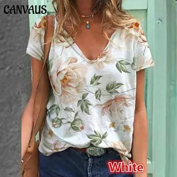 Пуловер с v-образным вырезом и цветочным принтом, многоцветная свободная женская футболка с короткими рукавами