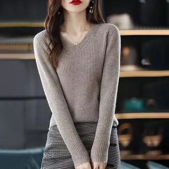 Пуловер с v-образным вырезом и длинными рукавами, вязаный подшерсток, женский осень-зима 2022, новый пуловер, однотонный свитер внутри, пуловер One Size чёрный