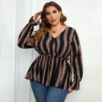 Пуловер с v-образным вырезом и полосатым принтом для женщин, с длинными рукавами с рюшами и высокой талией, с баской, летняя футболка, повседневная рубашка для поездок на работу, дышащая тонкая рубашка плюс XL чёрный