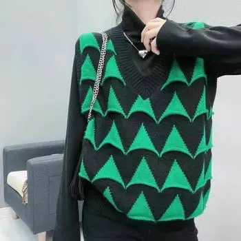 Пуловер с v-образным вырезом, треугольный жилет, женский зимний корейский свободный ретро, универсальная верхняя одежда, жилет, женский свитер без рукавов