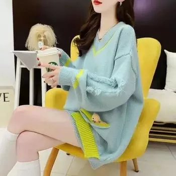 Пуловер с v-образным вырезом, женский свитер средней длины с медвежонком, весна-осень 2022, новый свободный пуловер с напуском, женский свитер