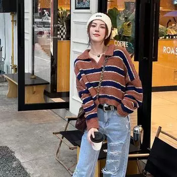 Пуловер с воротником-поло, полосатый шерстяной свитер для женщин, осень и зима 2023, свободный свитер, пуловер, женский топ