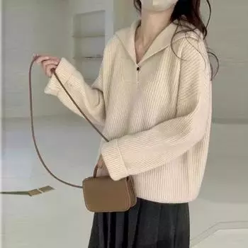 Пуловер с воротником-поло, вязаный свитер, пуловер, весна и осень, женский свободный свитер с v-образным вырезом, пуловер, женский топ One Size зелёный