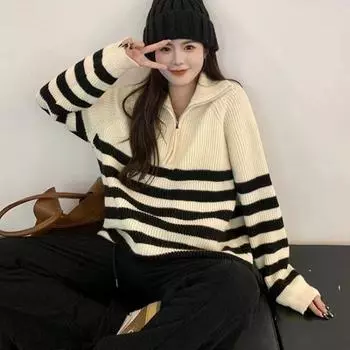 Пуловер с высоким воротником и полоской на молнии, свитер для женщин, осенний новый дизайн, свободный вязаный низ, женские топы