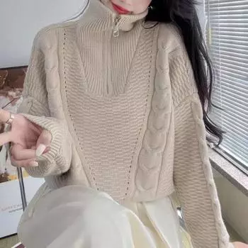 Пуловер с высоким воротом, женский осенне-зимний маленький свободный свитер на молнии с длинными рукавами, повседневный однотонный универсальный вязаный свитер, пуловер One Size зелёный