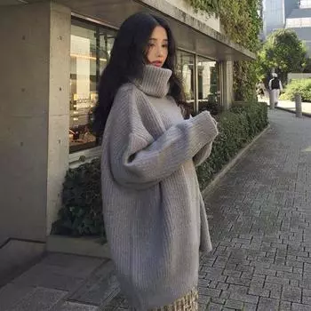 Пуловер с высоким воротом, женский осенне-зимний новый корейский свободный вязаный топ M серый