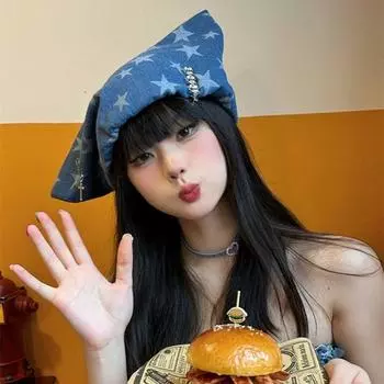 Пуловер со звездами, синяя шапка-бини со змеиными ушками, модная джинсовая шапка для женщин/девочек темно-синий