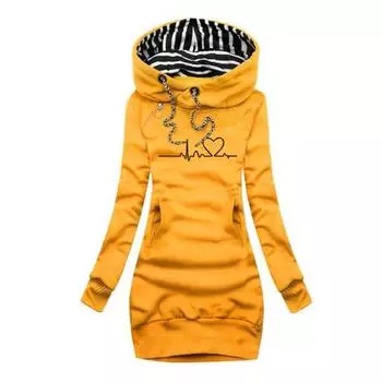 Пуловер средней длины на шнурке с передним карманом и длинными рукавами, женская осенне-зимняя толстовка с принтом «сердцебиение», облегающая толстовка с капюшоном, верхняя одежда 2XL чёрный