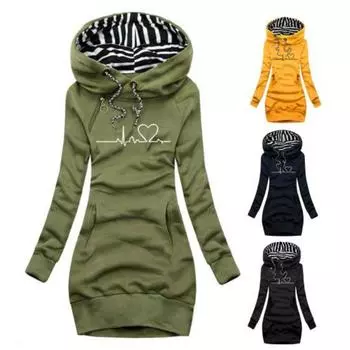 Пуловер средней длины на шнурке с передним карманом и длинными рукавами, женская осенне-зимняя толстовка с принтом «сердцебиение», облегающая толстовка с капюшоном, верхняя одежда M жёлтый