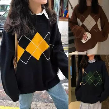 Пуловер-стрик Herbst Winter Innenhof Stil Geometrisches Muster Lose Rundhals