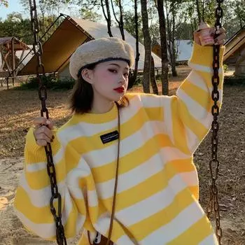 Пуловер-свитер 2022, осенне-зимний новый женский свободный корейский студент, свободный полосатый женский свитер One Size чёрный