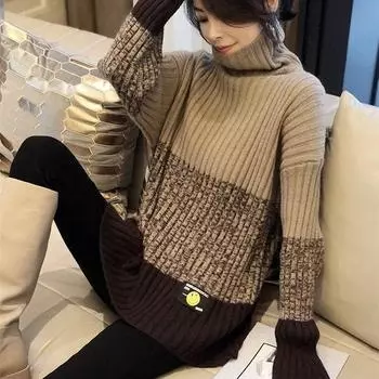 Пуловер, свитер 2022, зимняя мода, европейский женский цвет, контрастный свитер с высоким воротом, полоски, свободный трикотаж, свитер One Size чёрный