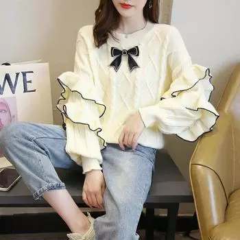 Пуловер-свитер 2023, осенний свитер с круглым вырезом и рюшами и бантом, универсальная нижняя рубашка, женский свитер, осенний вязаный свитер, пуловер