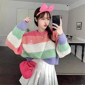 Пуловер, свитер, цветной свитер в контрастную полоску для женщин, осенний повседневный свитер с длинными рукавами и океаном, свободный вязаный свитер с круглым вырезом, женский