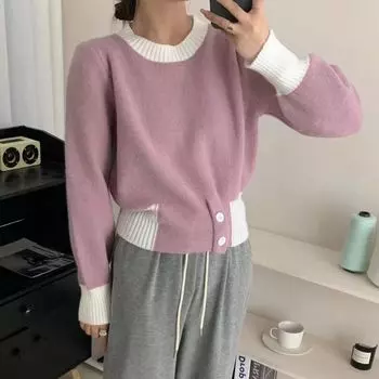 Пуловер-свитер для женщин, осенне-зимний дизайн, свободный корейский свободный свитер с длинными рукавами и круглым вырезом, повседневная женская трикотажная одежда One Size чёрный