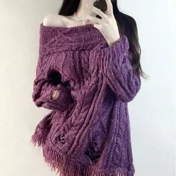 Пуловер, свитер на одно плечо, потертый вязаный свитер с напуском, женский винтажный вязаный топ, осенне-зимний женский свитер