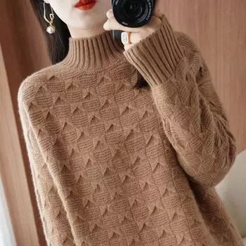 Пуловер, свитер на осень и зиму, однотонный, полуводолазка, модный универсальный трикотаж из чистой шерсти, женский свободный свитер