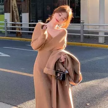 Пуловер, свитер, осень 2022, повседневный однотонный свитер с v-образным вырезом, длинный свитер выше колена, вязаный свитер, осенние и зимние женские топы One Size чёрный