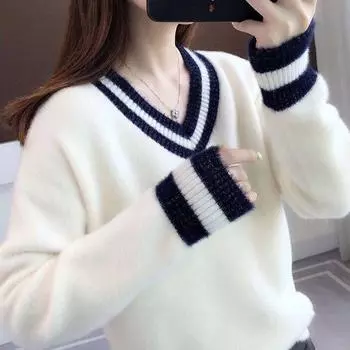 Пуловер, свитер, осень и зима 2022, напускной стиль, норковый вязаный подшерсток, свободный, с v-образным вырезом, повседневный женский пуловер, свитер, топ