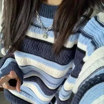 Пуловер, свитер, осень и зима 2022, непринужденный стиль с напуском, свитер с круглым вырезом и длинными рукавами в полоску, контрастный свитер с вереском, пуловер One Size розовый