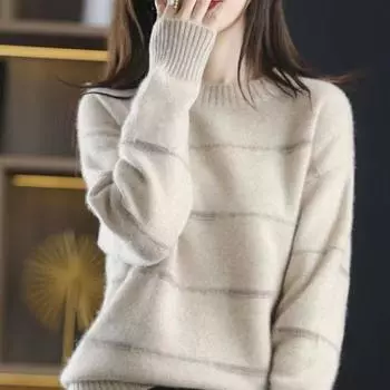 Пуловер, свитер, осень и зима 2022, новый трикотаж, пуловер с круглым вырезом, женский цветной контрастный полосатый пуловер в западном стиле, женский One Size розовый