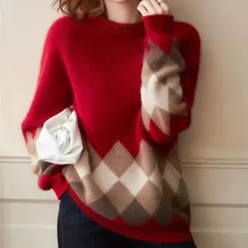 Пуловер, свитер, осень и зима 2022, повседневный красный свитер, женский свободный вязаный свитер с длинными рукавами и круглым вырезом, пуловер, женский топ One Size красный