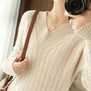 Пуловер, свитер, осень и зима 2022, повседневный трикотаж, женский свободный свитер с v-образным вырезом, пуловер, свитер с напуском, женский трикотаж One Size небесно-голубой