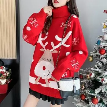 Пуловер, свитер, осень и зима 2022, Рождественский свитер с высоким воротником и воротником «Олень», женский повседневный трикотаж с напуском средней длины, женский свитер