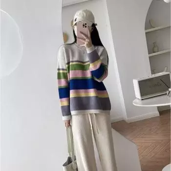 Пуловер, свитер, осень и зима в радужную полоску, свободный пуловер с круглым вырезом, цветной контрастный свитер, женский вязаный свитер с длинными рукавами