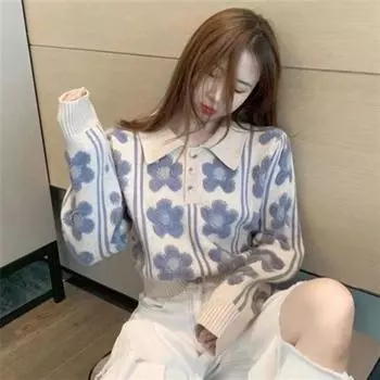 Пуловер, свитер, осенне-зимний дизайн, жаккардовый трикотаж с длинными рукавами, женский свободный свитер с воротником поло, женский пуловер One Size чёрный