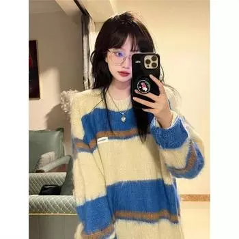 Пуловер, свитер, осенне-зимний мягкий восковой топ, женский дизайн, свободный цвет, контрастный свитер в полоску с длинными рукавами из мохера