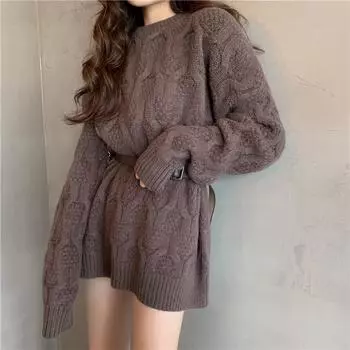 Пуловер-свитер, осенне-зимний новый свободный верхний наряд, свободный свитер средней длины с круглым вырезом, женский вязаный свитер, пальто One Size розовый