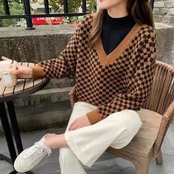 Пуловер, свитер, осенне-зимний полосатый клетчатый вязаный женский свободный тонкий мягкий восковой повседневный свитер, женские топы