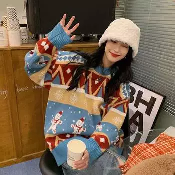 Пуловер, свитер, осенне-зимний японский этнический ромбический трикотаж, повседневный женский свитер с длинными рукавами и круглым вырезом в стиле ретро, Рождественский свитер One Size синий