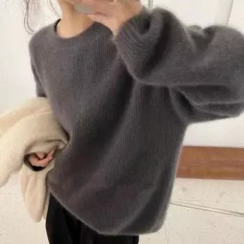 Пуловер, свитер, осенне-зимний свитер с круглым вырезом, женский свободный свитер, мягкий вязаный свитер из восковой шерсти с напуском One Size темно серый