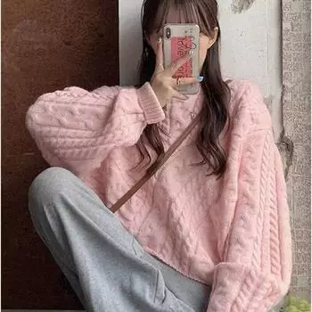 Пуловер-свитер, осенне-зимний свитер с круглым вырезом, витой ромбический корейский универсальный свободный вязаный короткий свитер с длинными рукавами