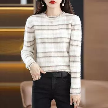 Пуловер, свитер, осенне-зимний свитер с круглым вырезом, контрастная полоска, трикотаж, женский пуловер, свободный свитер, универсальный вязаный женский свитер