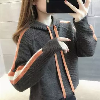 Пуловер, свитер, осенняя корейская шляпа, рубашка, универсальный полосатый свитер с рукавами реглан, женский вязаный свитер с капюшоном, свободный пуловер, топ