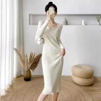 Пуловер-свитер, платье с запахом ягодиц для женщин, осенне-зимнее вязаное шерстяное платье средней длины, свитер, женские топы One Size чёрный