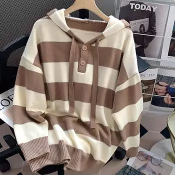 Пуловер, свитер, пуловер в контрастную полоску с капюшоном, повседневный женский свитер на осень-зиму, новый свободный вязаный свитер с напуском, пуловер One Size чёрный